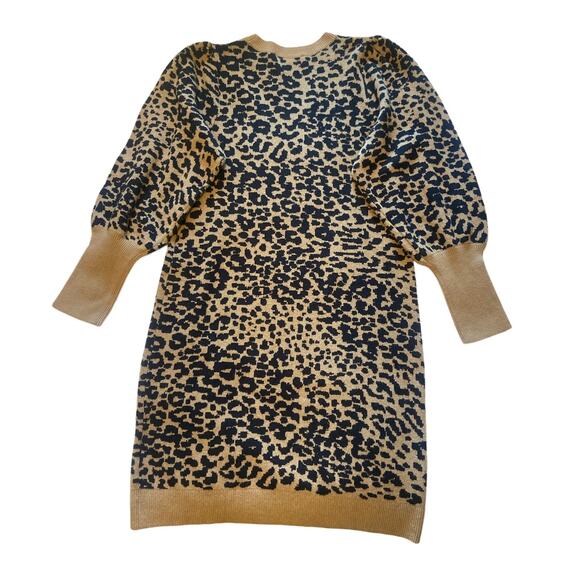 Loft Leopard Print Wool Blend Fitted Sweater Dress Tunic Puff Sleeve Size Large - Picture 4 of 7